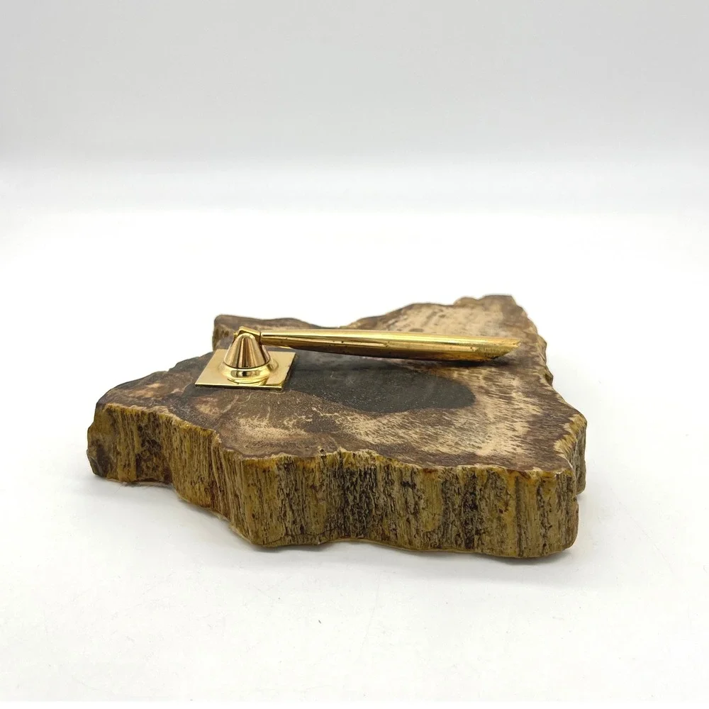 Vintage Petrified Wood Pen Holder with Gold‎ Tone Nib Holder Desk Accessory
